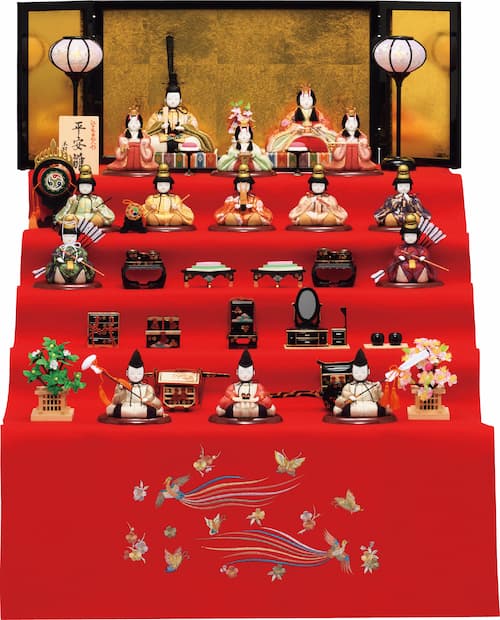一秀 十五人飾 (平安雛17号・毛氈五段セット) コードレス雪洞付 木目込み