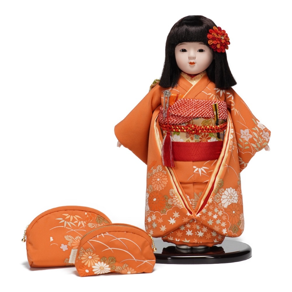 市松人形】10号 友禅(オレンジ) 菊〈小出松寿作〉※髪飾り・小物入れ