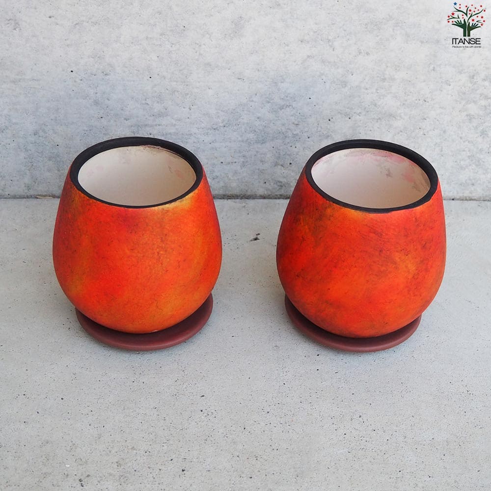 皿付陶器鉢 彩色焼磁 オレンジ【資材 12cm】｜ 【植物のITANSE