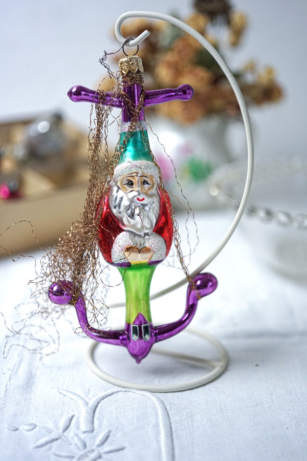 ポーランドサンタの薄ガラスオーナメントゴールドメタル付きH17cm 1950