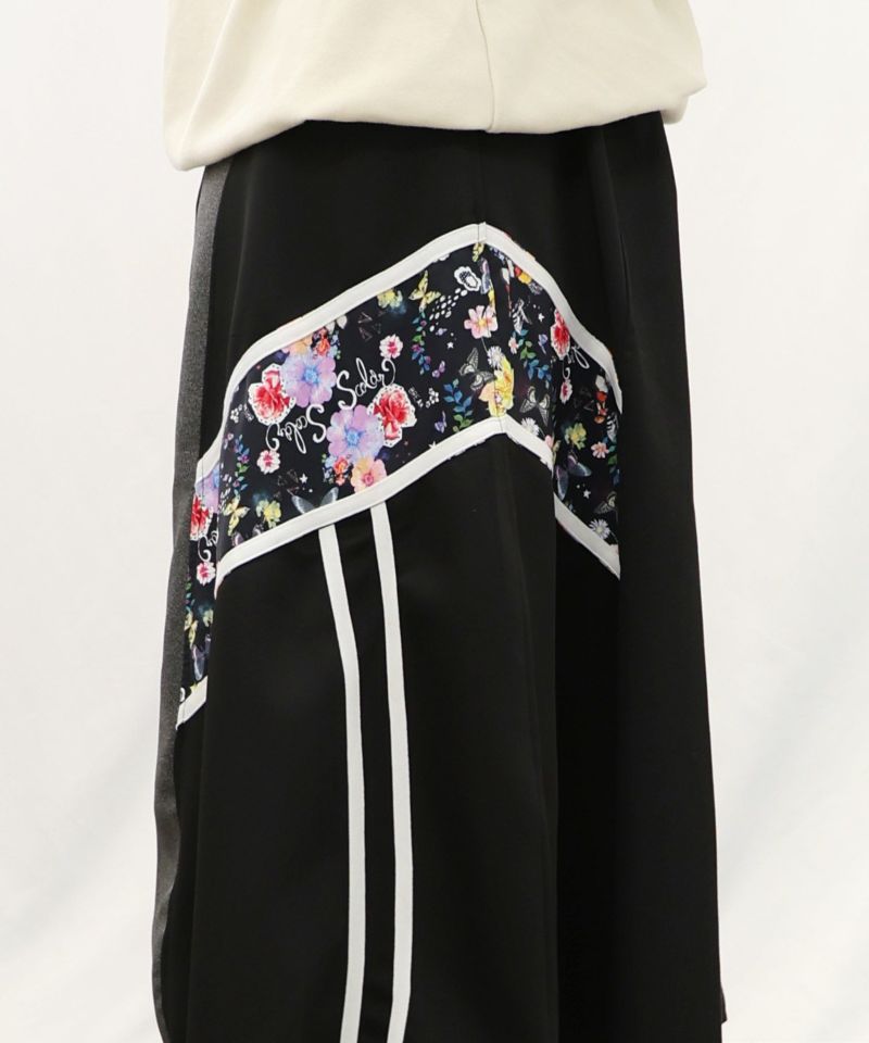 スカラー / 異素材切替 デニムorツイル ライン入り花柄ジャージ風