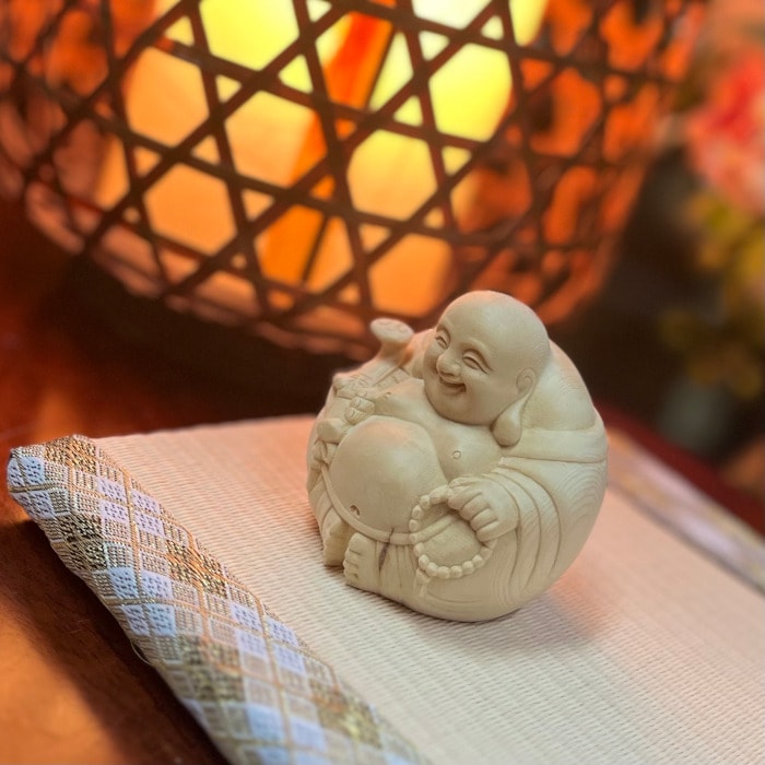 桧木 木彫り 布袋尊 布袋様 七福神 丸 一点もの 縁起物 金運アップ