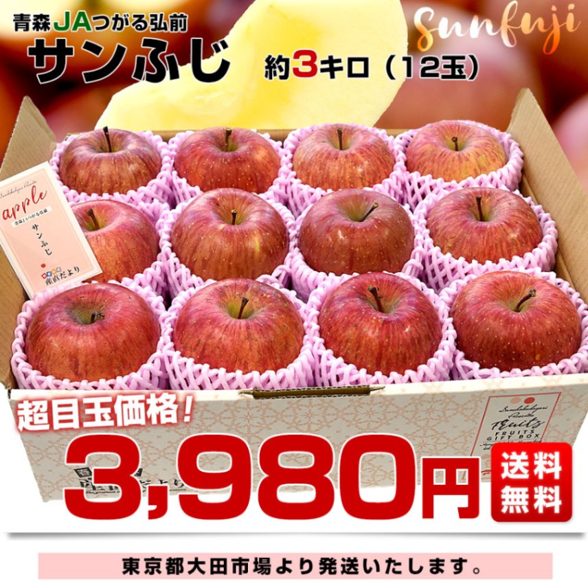 青森県産 JAつがる弘前 サンふじ 約3キロ (12玉) 送料無料 りんご