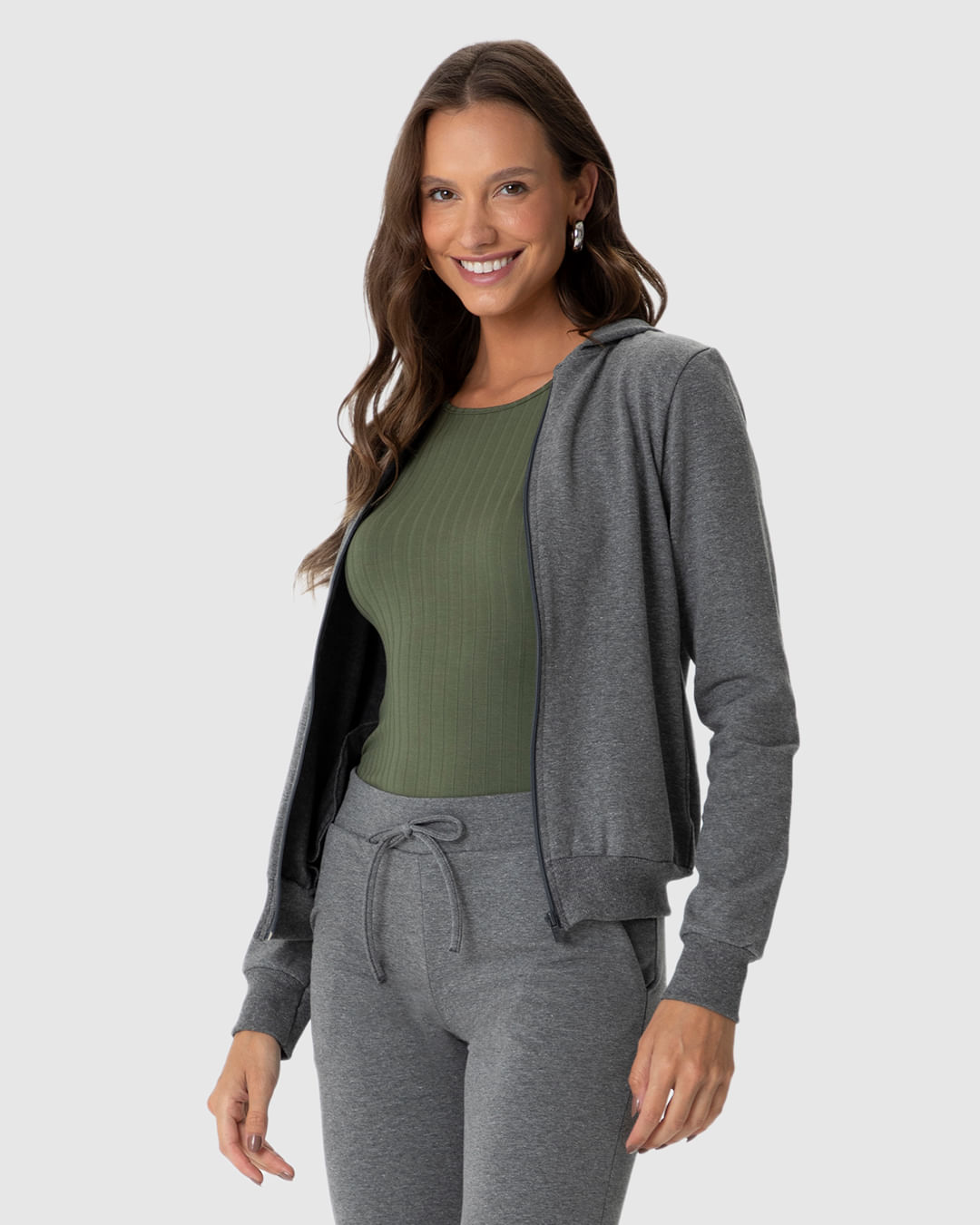 Jaqueta Básica Feminina Com Capuz Moletom Stretch Flanelado Cinza
