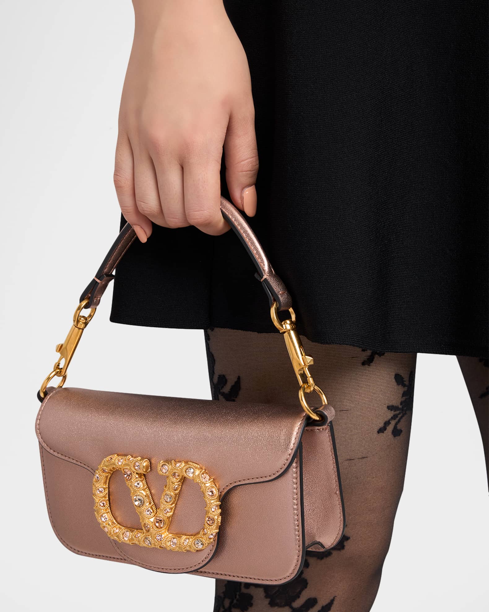 Valentino Garavani Small Crystal VLogo Metallic Leather Top-Handle