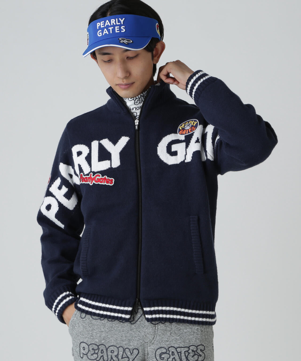 7G部分ジャガード×ストレッチ裏地フルジップニットブルゾン | PEARLY