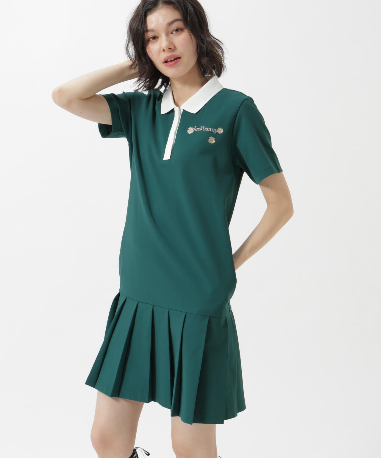 2WAYグリッドストレッチ Flower 半袖ポロワンピース | Jack