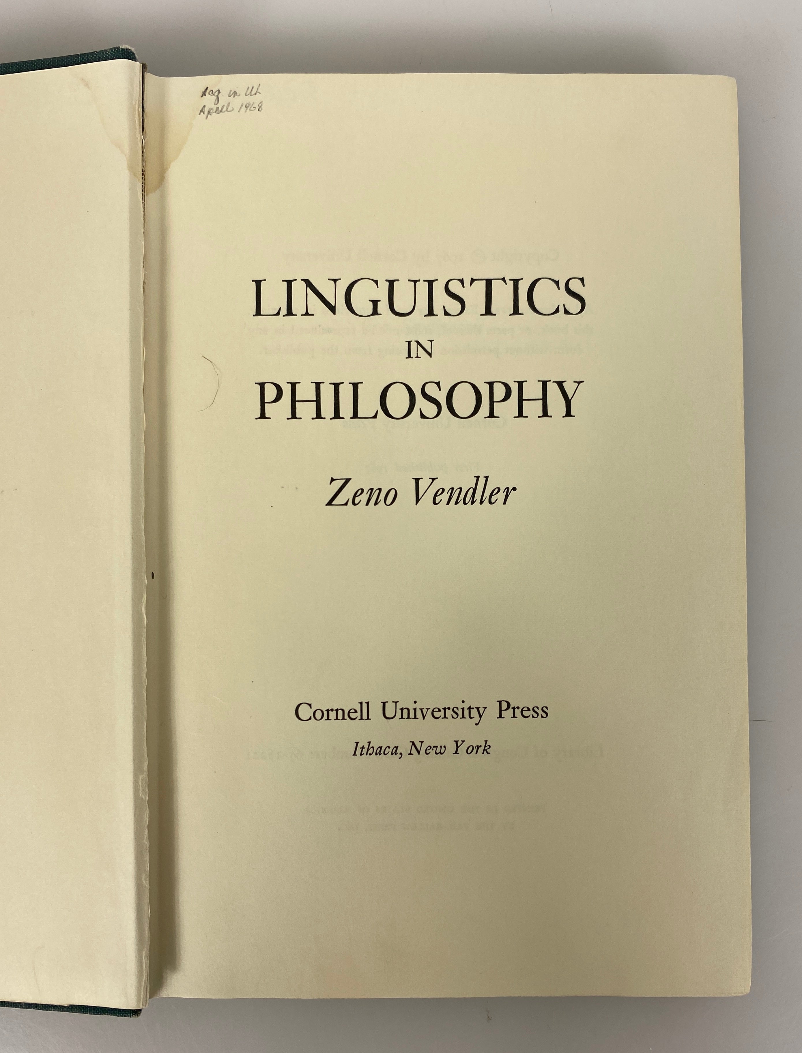Linguistics in Philosophy by Zeno Vendler 1967 First Edition Ex