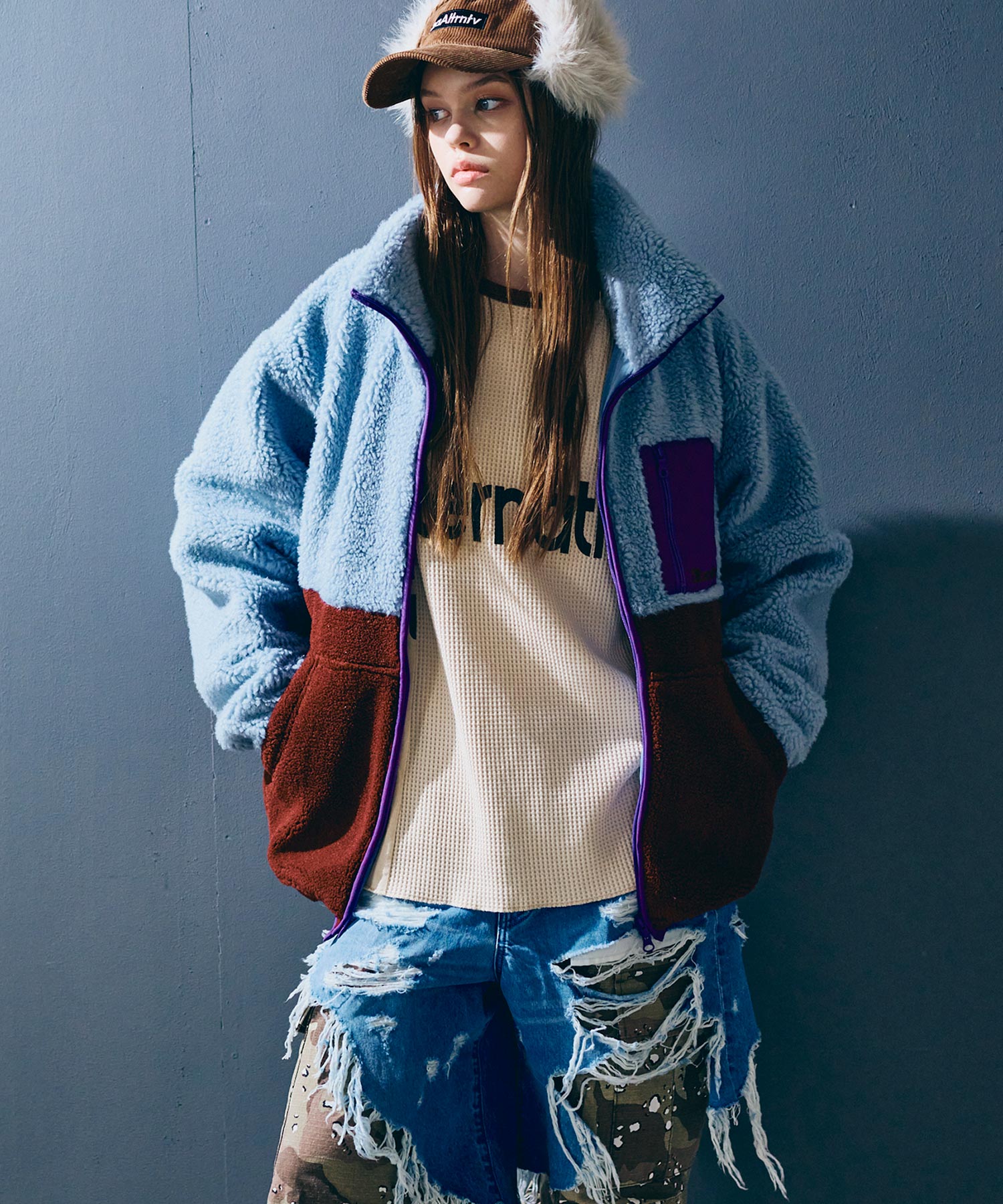 J2163 マルチカラーボアジャケット(M ホワイト/ブルー): アウター