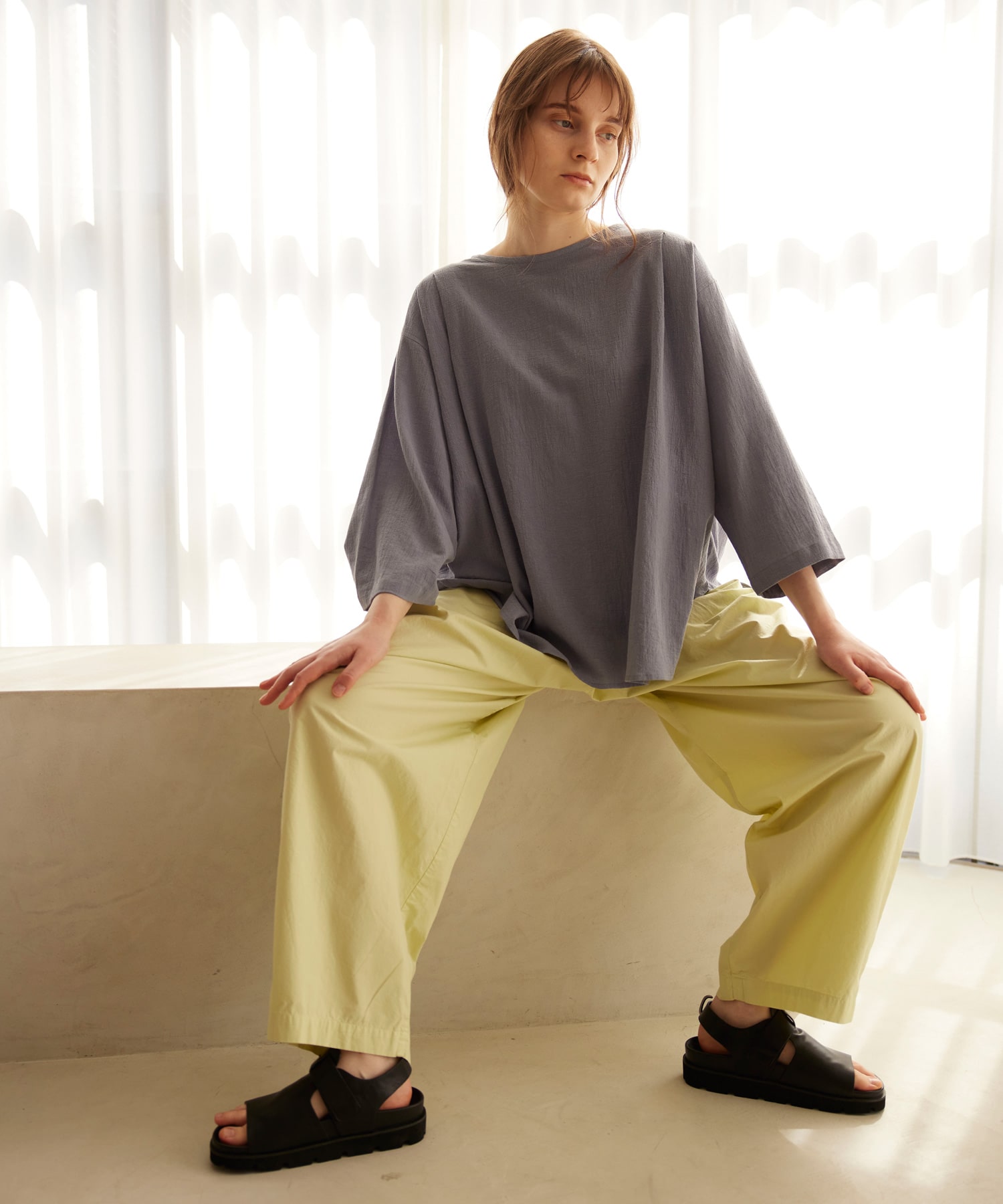 R4219 製品染めワイドイージーパンツ(M イエローベージュ): パンツ