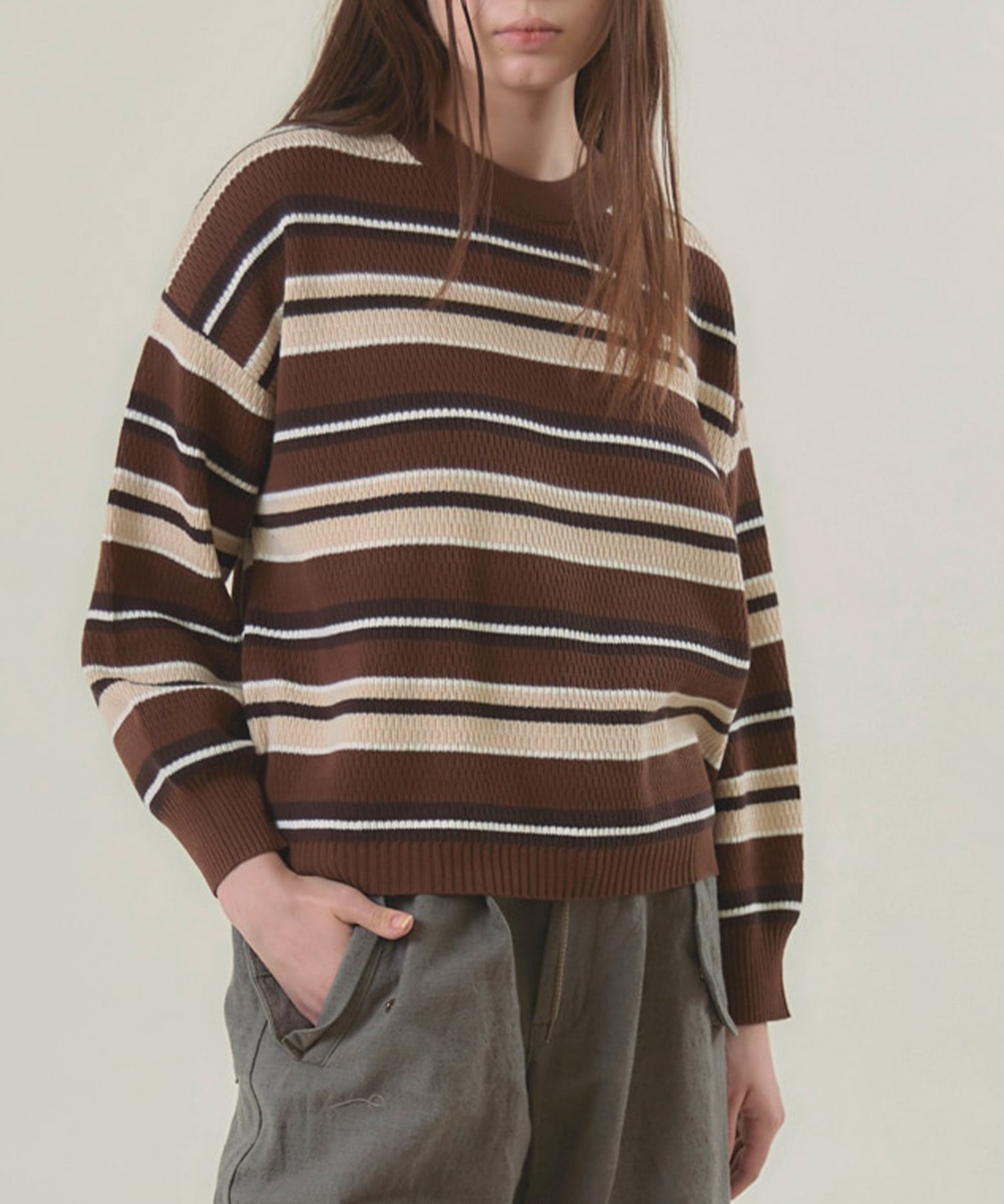 K2599 マルチボーダーハニカムサーマルプルオーバー(M ブラウン