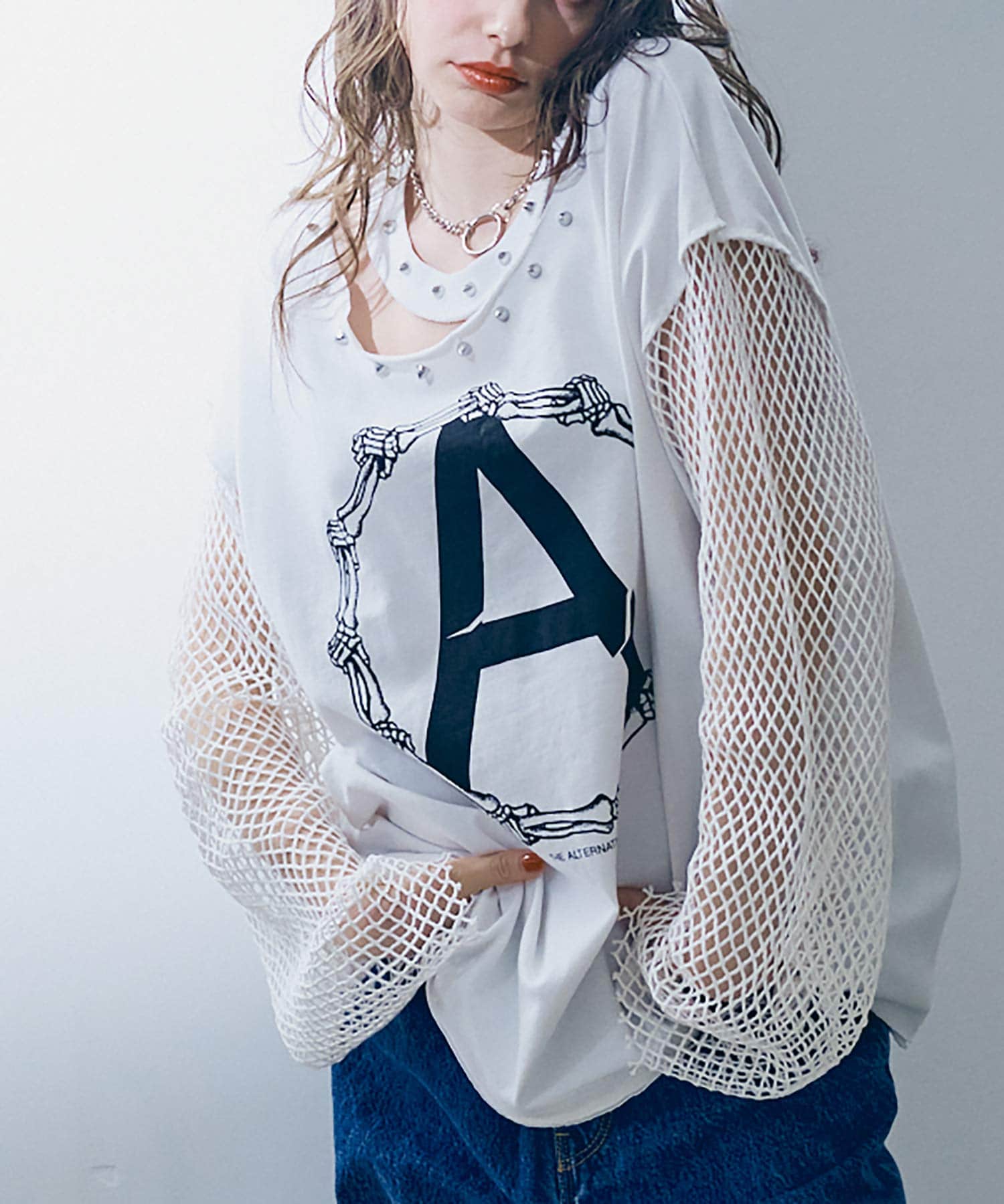 M2401 メッシュスリーブスタッズロンT(M ホワイト): トップス - RNA