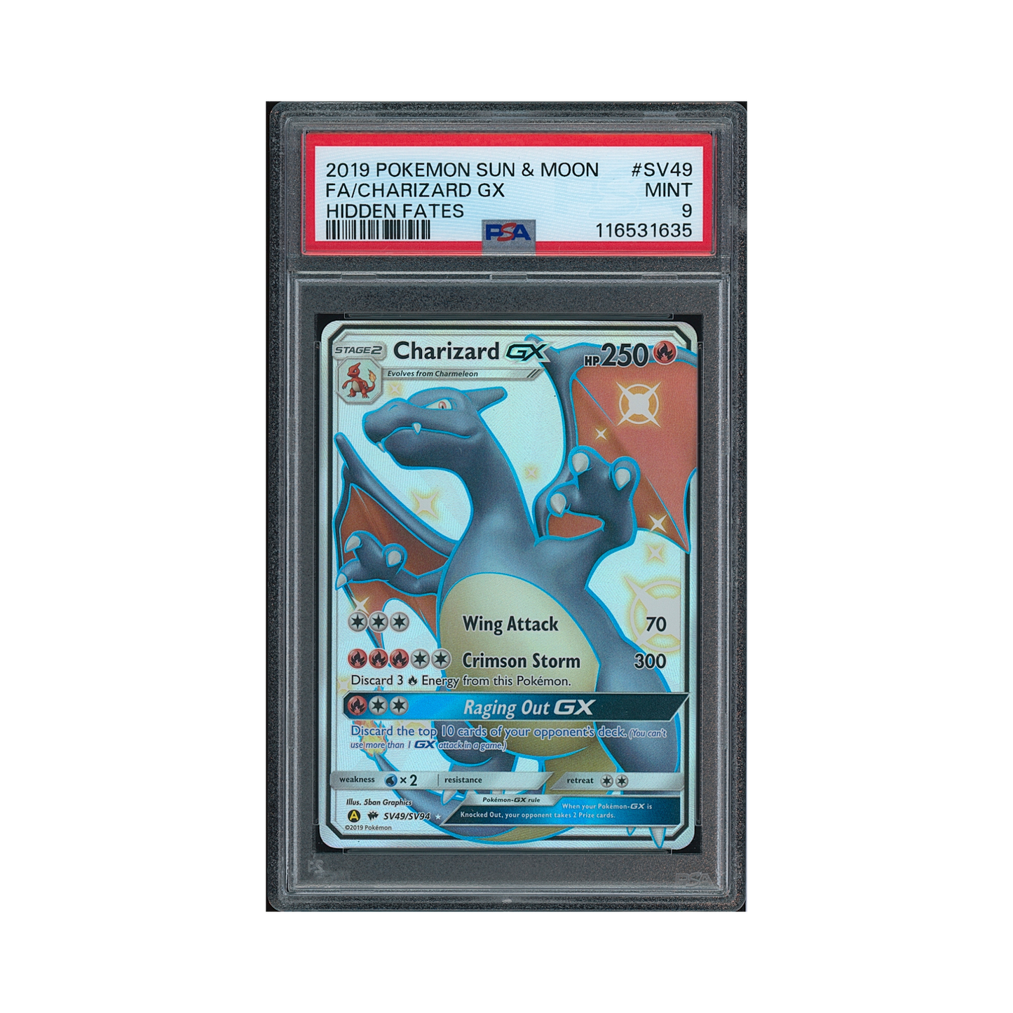 2019 Pokemon Sun & Moon Hidden Fates Charizard GX #SV49 PSA 9