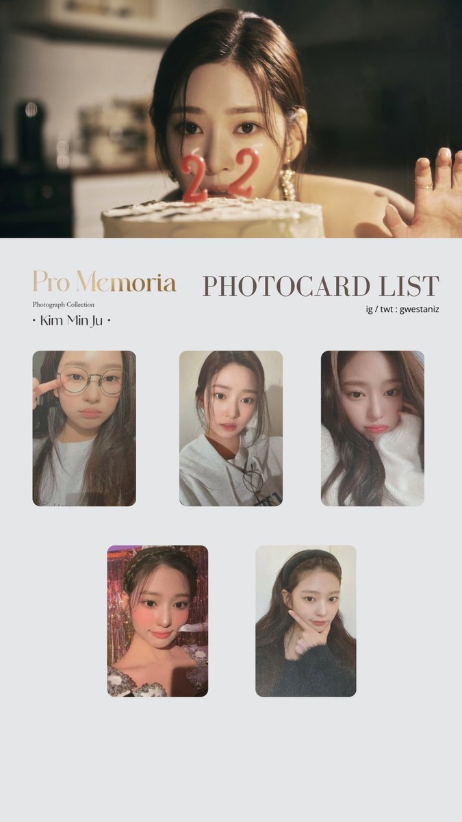KIM MINJU | PHOTO BOOK [𝐏𝐑𝐎 𝐌𝐄𝐌𝐎𝐑𝐈𝐀] photocard list