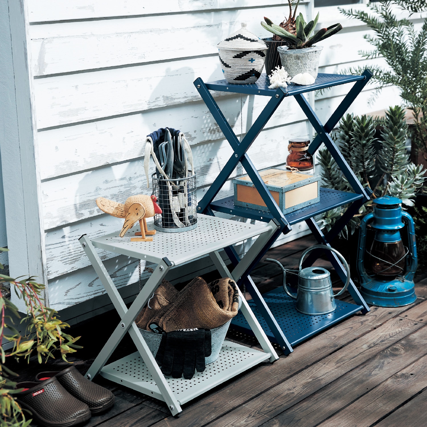 屋外でも使えて簡単に折りたためるスチールラック ＜2段／3段＞｜通販