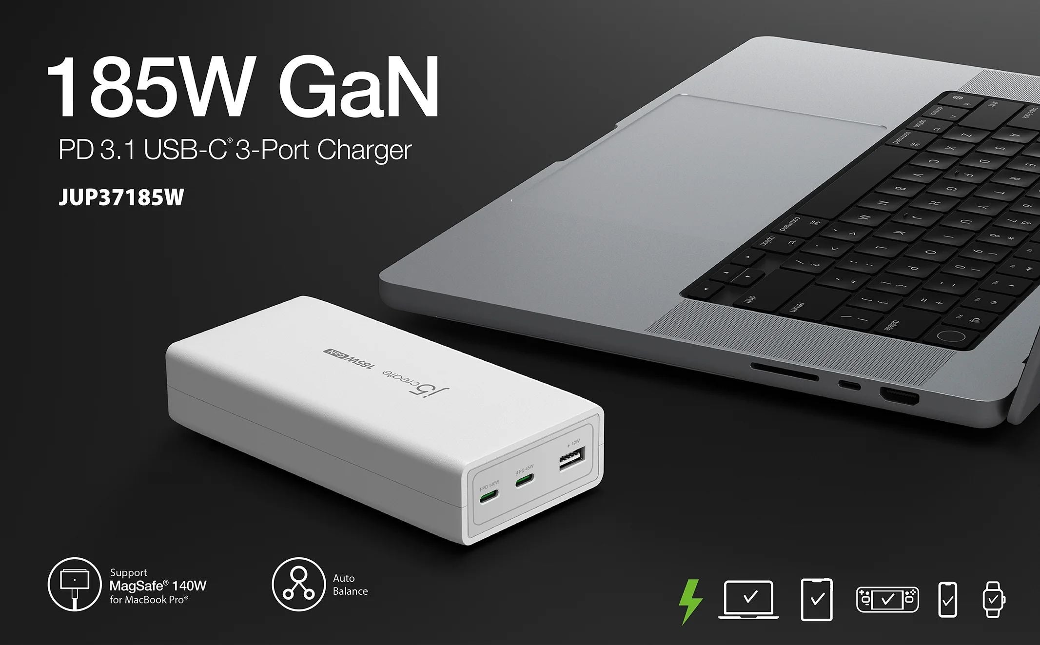 j5create、最大合計185Wの高出力で3台のデバイスを同時に充電可能な