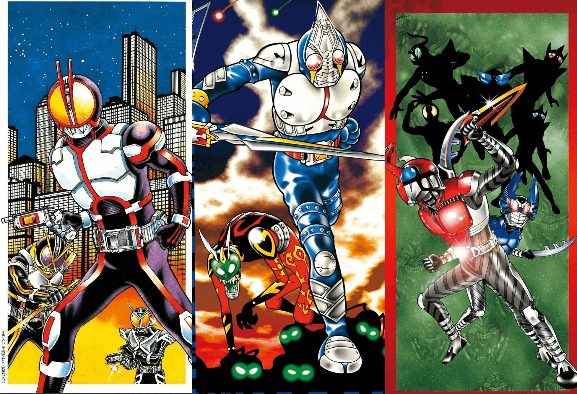 石ノ森章太郎風に描かれたファイズ、ブレイド、カブト (早瀬マサト