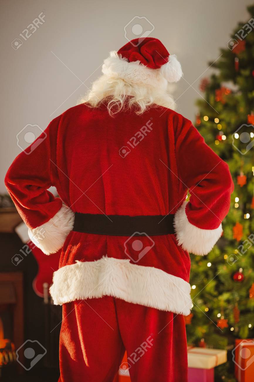 自宅リビングのクリスマス ツリーの前でサンタの立っている後姿の写真