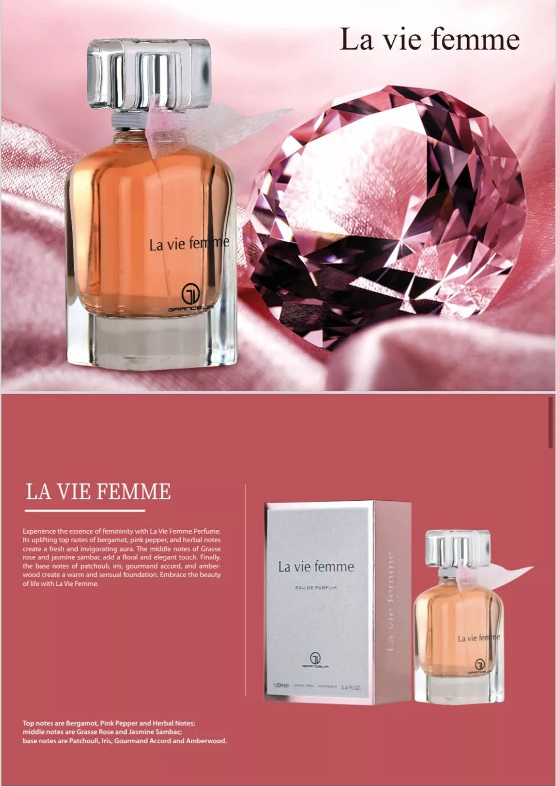 La Vie Femme Eau De Parfum For Women By Grandeur 3.4oz/100ml
