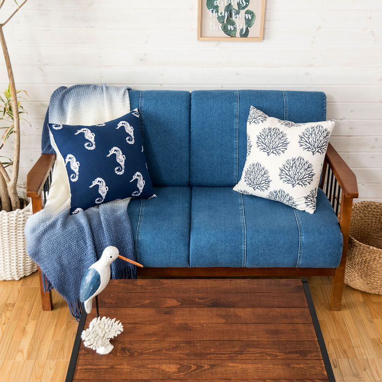 2人掛けソファ デニム生地 木製 アイアン 肘掛け 幅138cm ブルー 91188