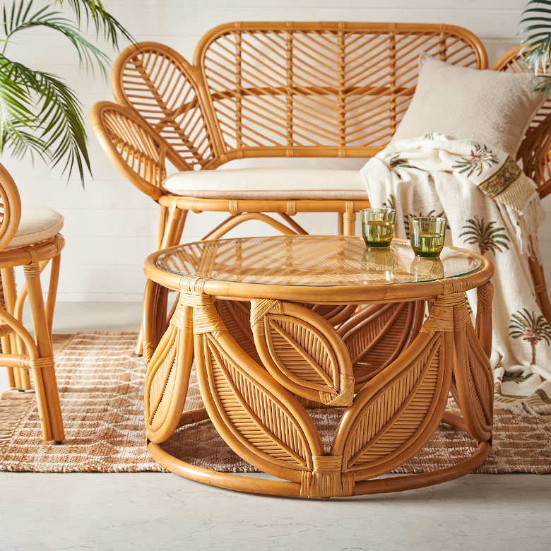 ラタン テーブル ガラス 天板 ローテーブル 丸型 センターテーブル 丸