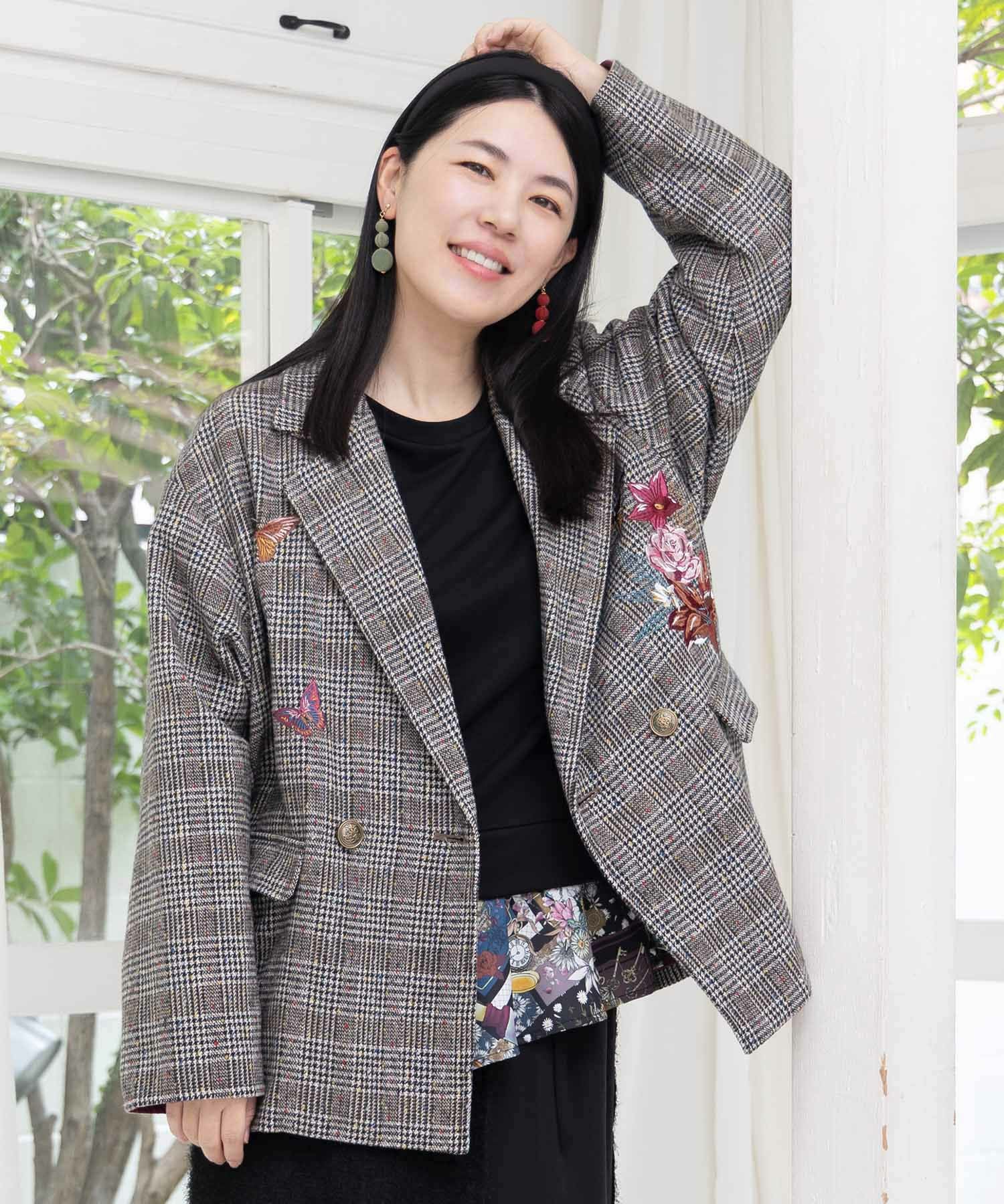 553251：花蝶刺繍のオーバーサイズ チェック柄ジャケットの通販-ScoLar