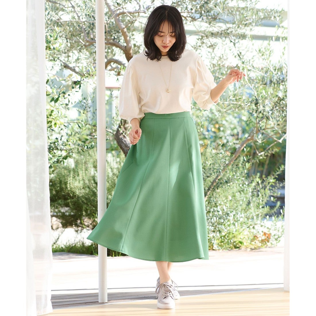 ANY 【洗濯機可】リネンライクオックス フレアスカート （グリーン