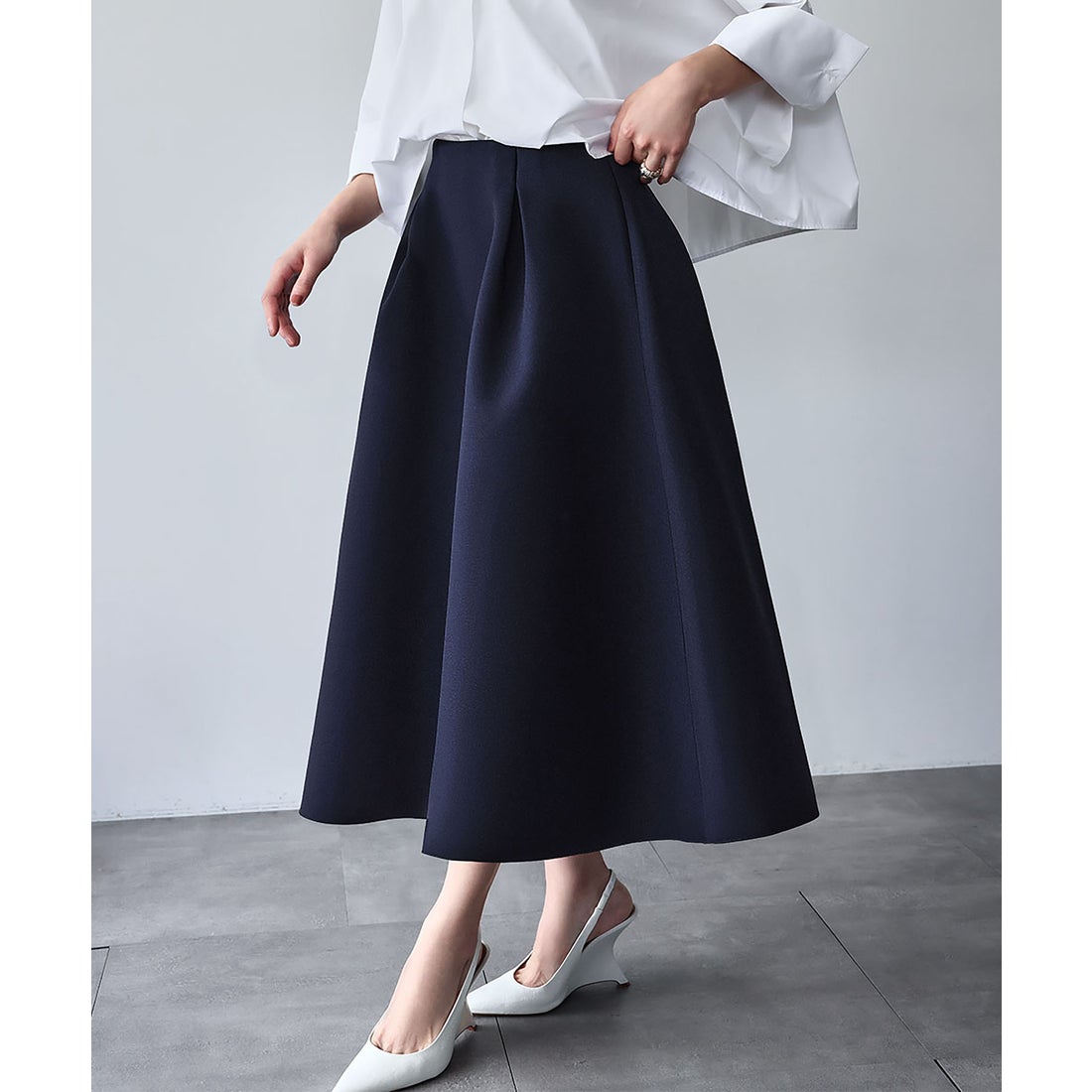 エルフランク ELFRANK ボンディング タック フレアスカート（ネイビー