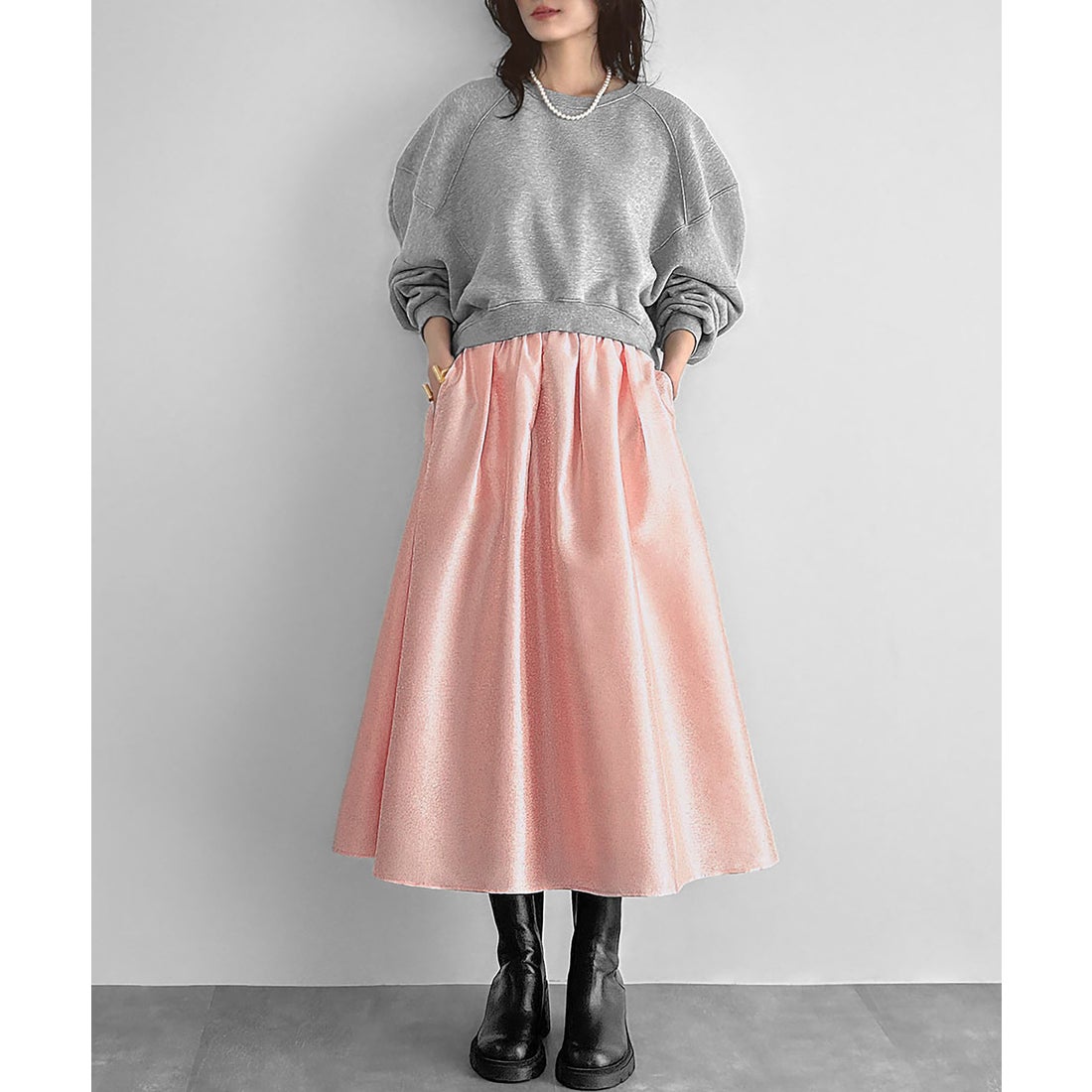 エルフランク ELFRANK シャイニータックフレアロングスカート（ピンク