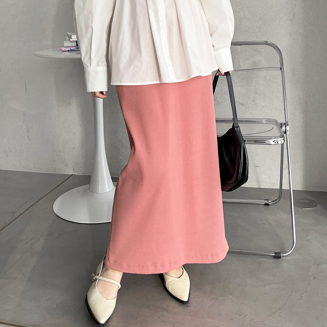 ジーラ GeeRA すっきり見え！リブタイトロングスカート （ピンク） -靴