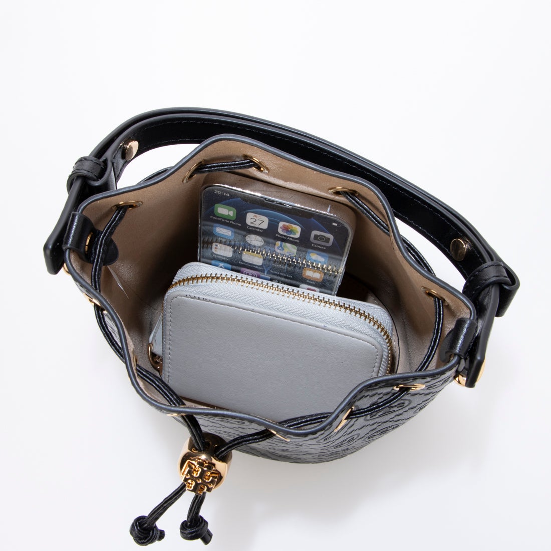 トリーバーチ TORY BURCH Tモノグラム レザー ミニ バケットバッグ