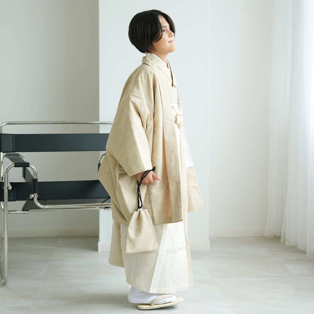 ハーフ成人式 男の子 袴セット ジャガード・ペイズリー ベージュ×オフ