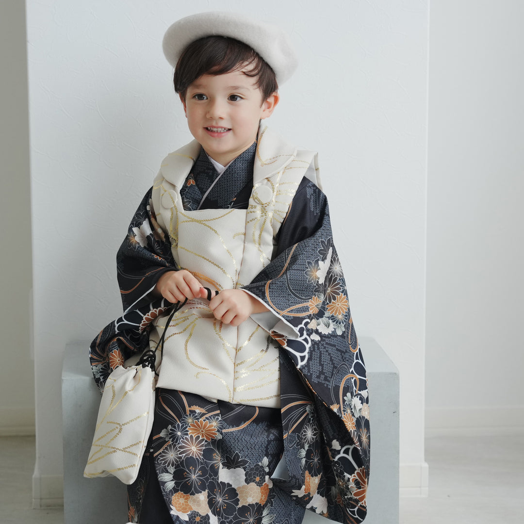 レンタル】七五三着物 3歳男の子 ベレー帽つき被布セット ベージュ金彩