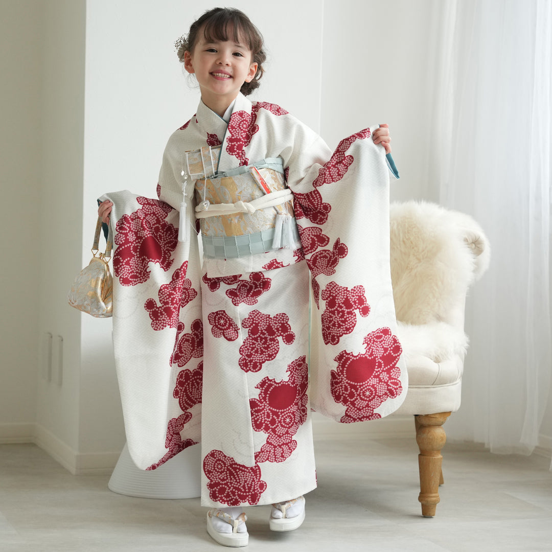 レンタル】七五三着物 7歳女の子 着物セット 白百合色に絞り柄 四つ身