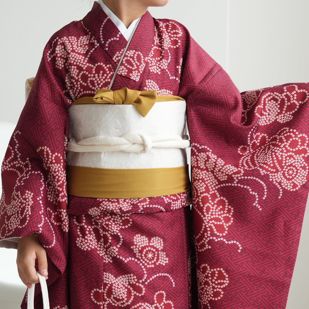 レンタル】10歳 振袖セット えんじの絞り柄 ハーフ成人式 ジュニア着物