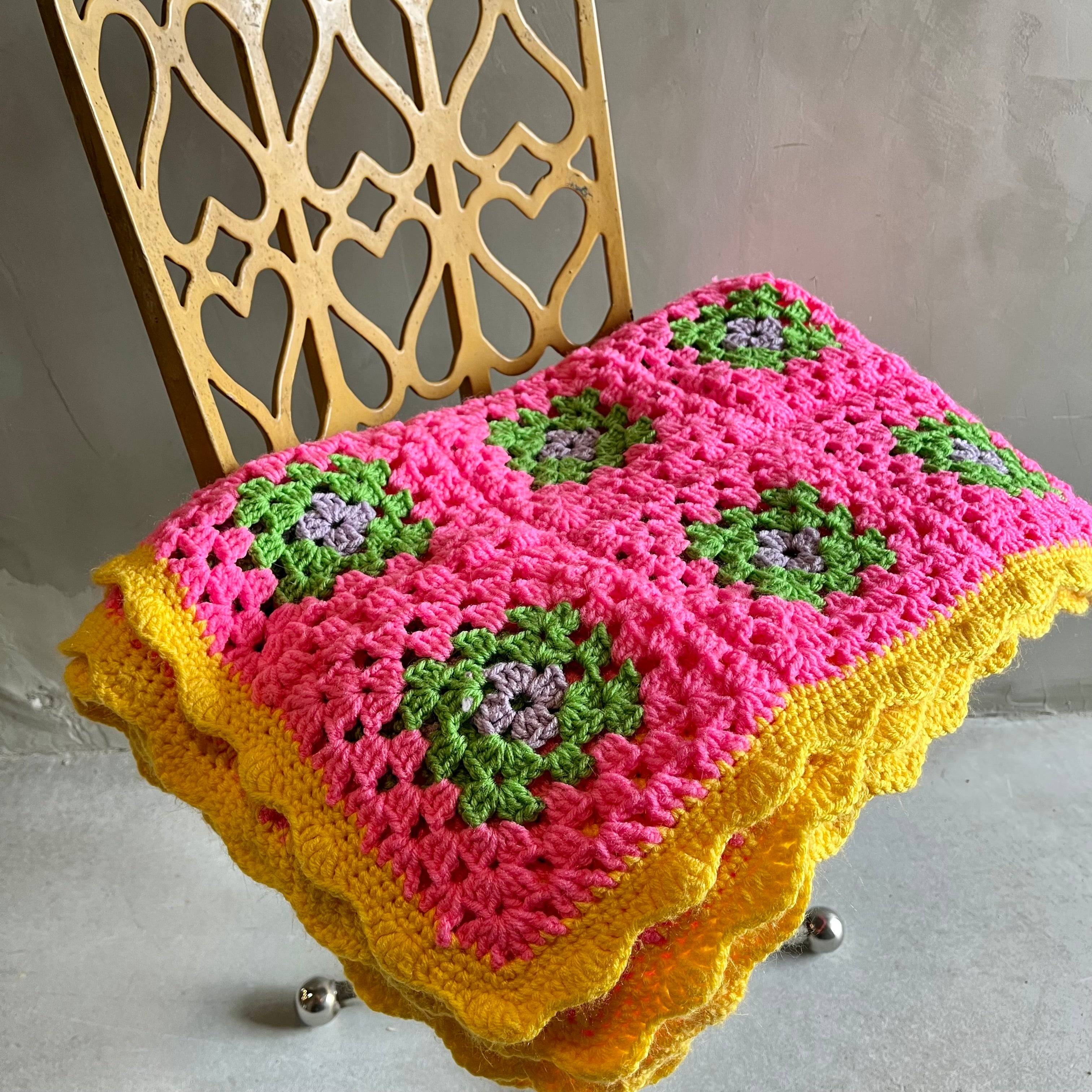 USA vintage】グラニーブランケット ピンク×イエローふち編み – 雑貨屋