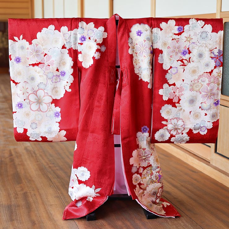 正絹] お宮参り 女の子 初着 産着 花尽くし鞠と檜扇 赤色 レッド 花柄