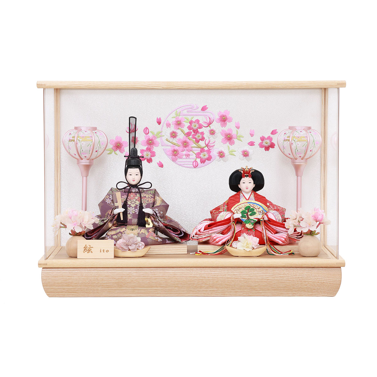 雛人形 ケース飾り 絃 ito 小三五親王 白木 木目 刺繍桜 アクリル