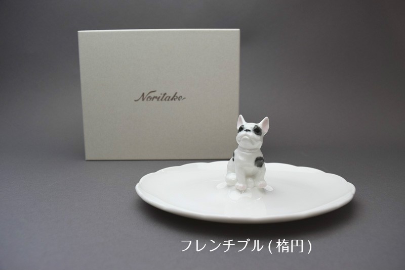 ノリタケ フィギュリン付きトレイ フレンチブル(楕円)/三毛猫(楕円)/猫