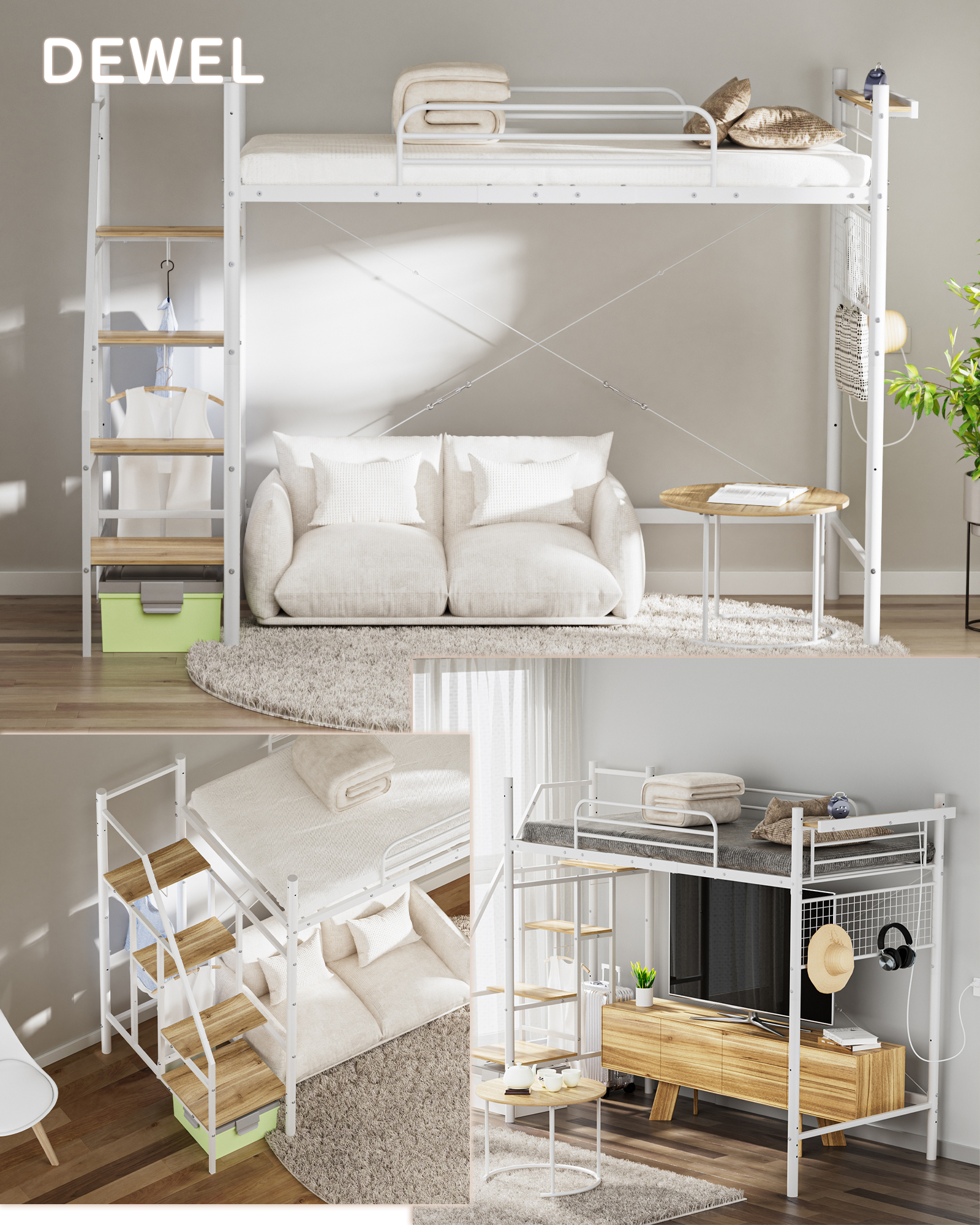 ロフトベッド システムベッド ハイタイプ 階段収納ラック DEWEL 2段