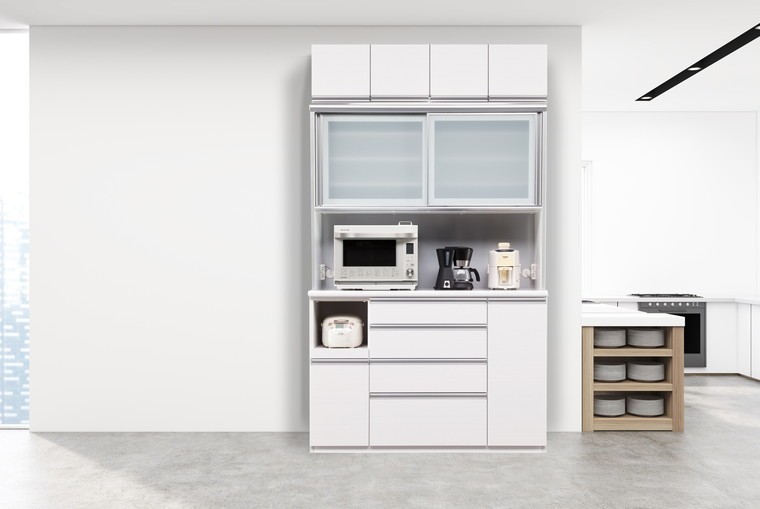 NE 上置き付 キッチンボード 幅140cm 耐震 引き戸 食器棚 国産 大川