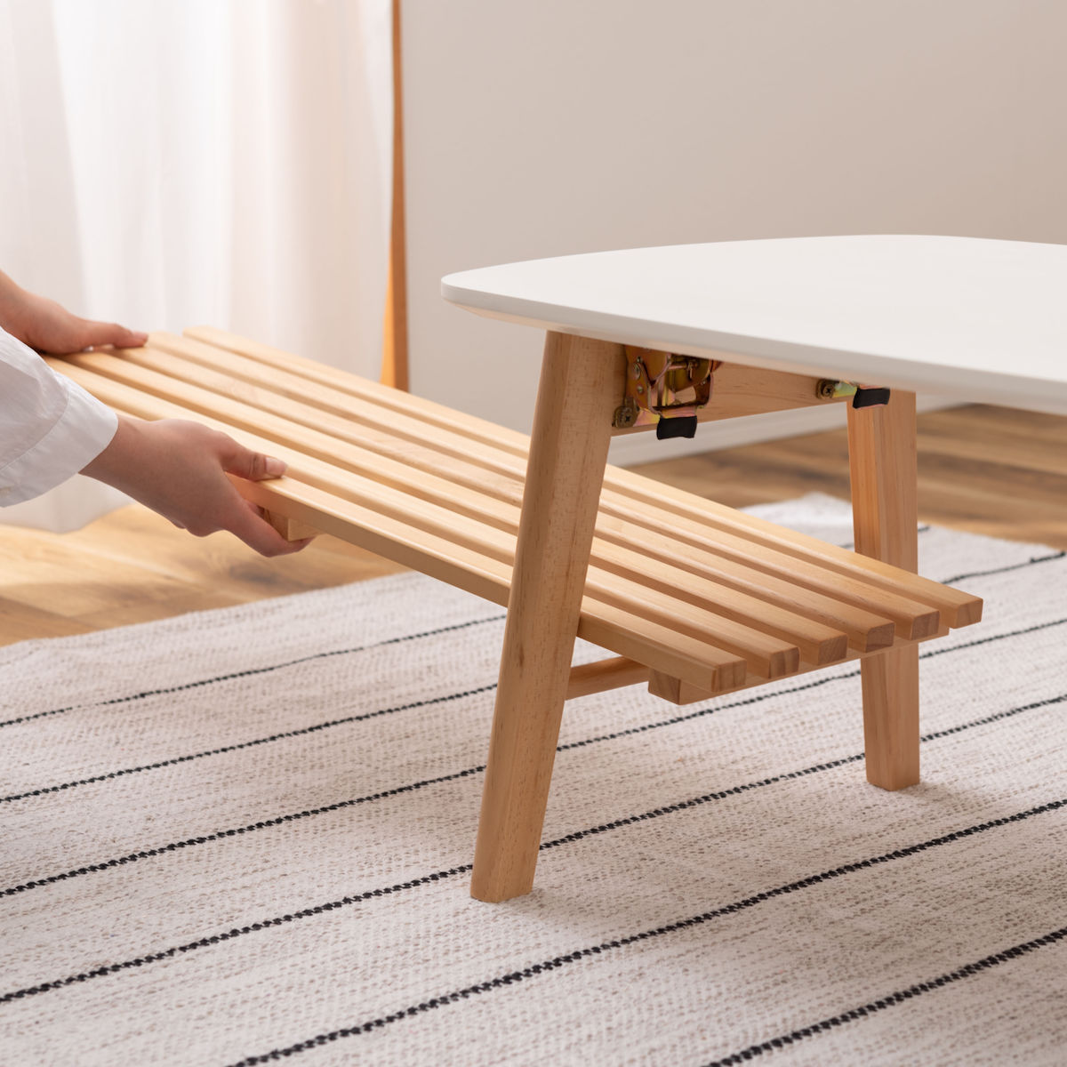 東谷 折りたたみ テーブル 幅90cm 棚付き 天然木 （ ローテーブル