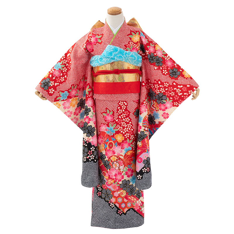 七五三 着物 四つ身 セット 女の子 7歳 7才 絵羽 結び帯 薄緑 赤 水色