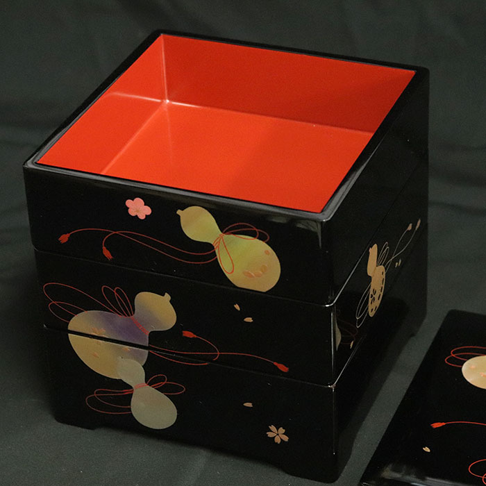 重箱 3段 日本製 国産 会津漆器 6.0 三段重共足 ひさご 黒 内朱 6寸 5