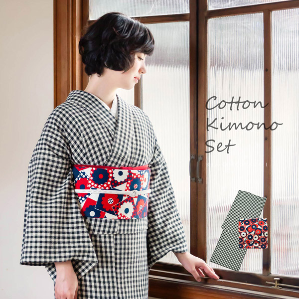 KIMONOMACHI 洗える着物 木綿着物と木綿名古屋帯の2点セット 「黒