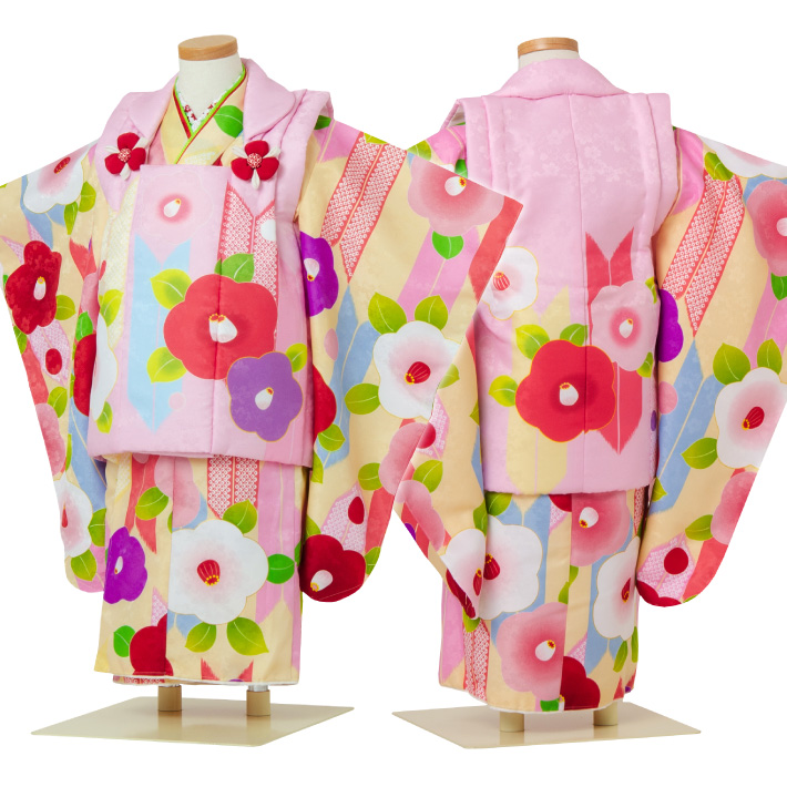 七五三 753 着物 3歳 被布セット 女の子 京都花ひめ 椿3 クリーム色の