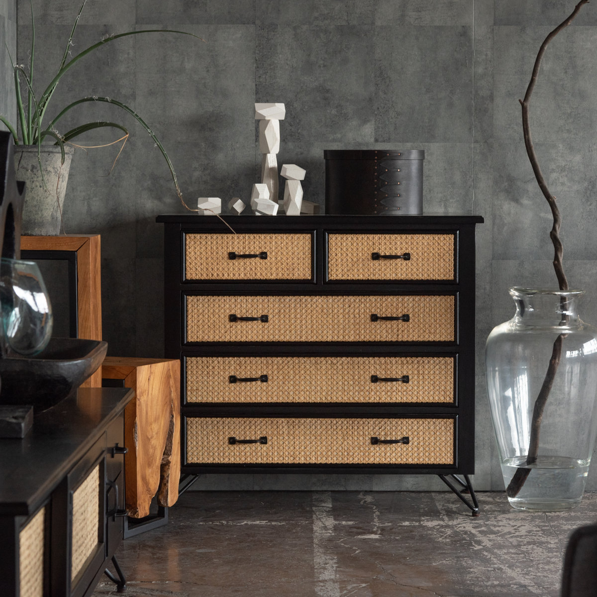 東谷 チェスト 4段5杯 エスニック調 ラタン張り 幅80cm （ 収納 引出し