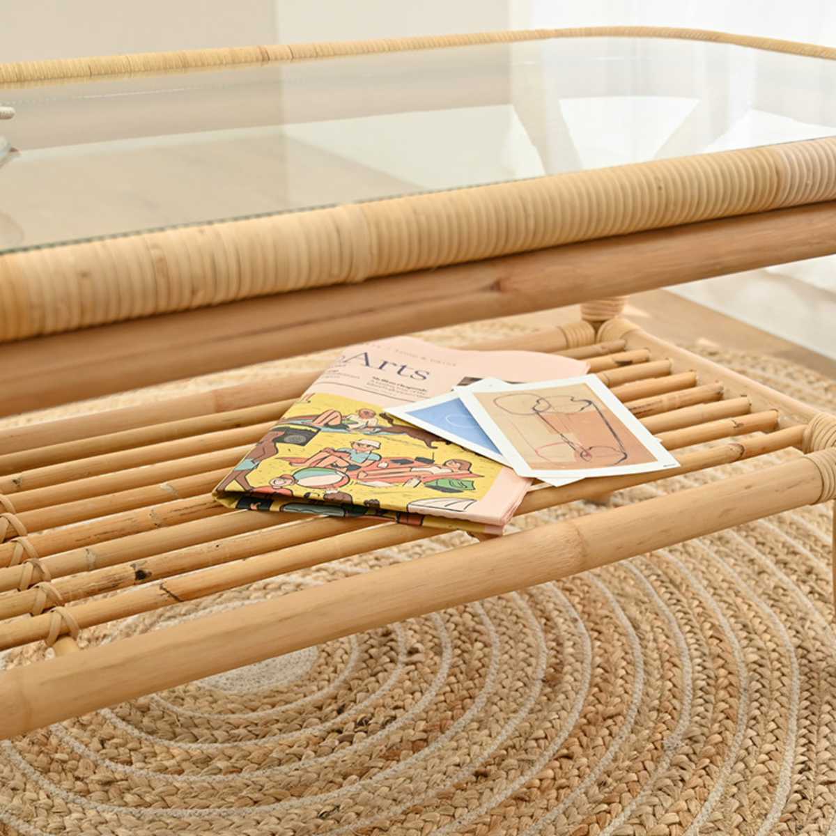 センターテーブル ラタン 幅100cm ガラス天板 完成品 Breeze （ ラタン