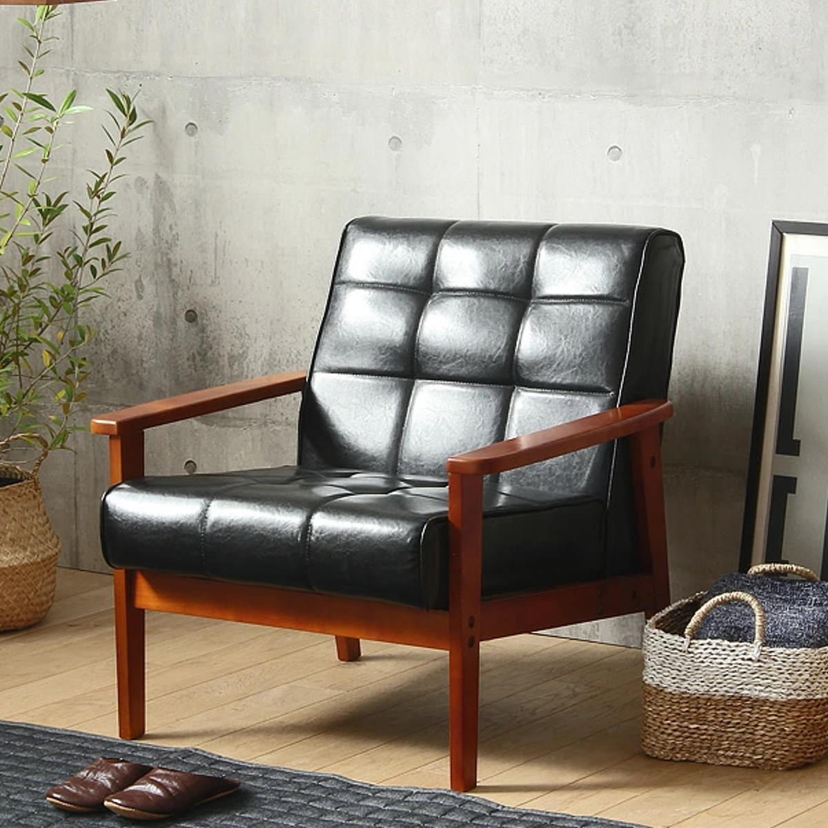 岩附 ソファ 椅子 レトロモダン調 木製フレーム 一人掛け用 合皮製
