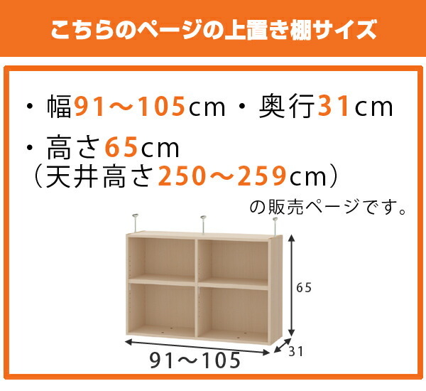 上置き棚 高さ65cm ワイドタイプ用 幅91-105cm 奥行き31cm 対応